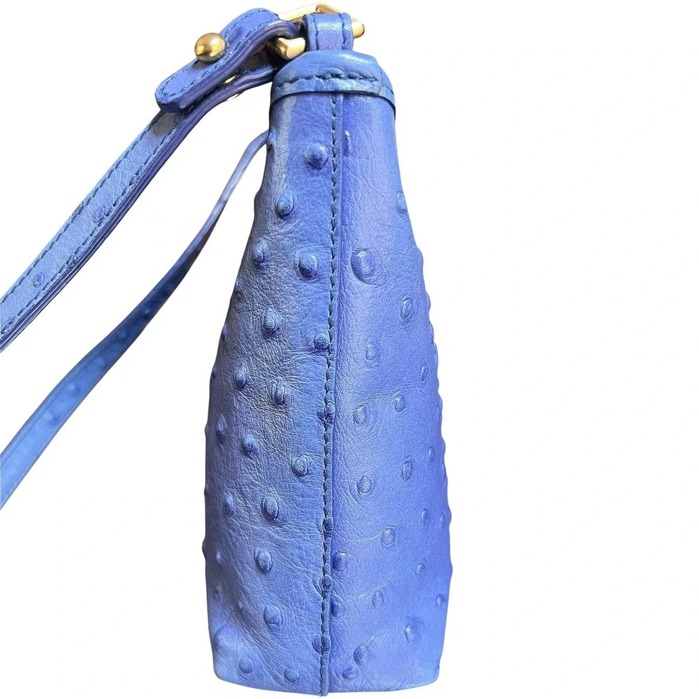 Brahmin Periwinkle Blue Ostrich Embossed Leather Small Shoulder Bag Gold Logo‎